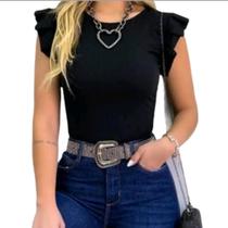 Blusinha Canelada Com Babadinho Nos Ombros Feminina Moda