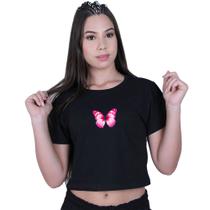 Blusinha Cropped Algodão Borboleta Rosa