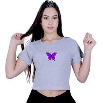 Blusinha Cropped Algodão Borboleta Roxa