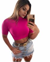 Blusinha Cropped Feminino Manga Curta Gola Alta Blogueira
