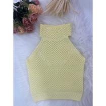 Blusinha Cropped Regata Frente Única Feminina Gola Alta Garrafinha Com Ponto Crochê Em Tricô Modal