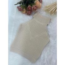 Blusinha Cropped Regata Frente Única Feminina Gola Alta Garrafinha Com Ponto Crochê Em Tricô Modal