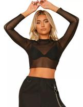 Blusinha Cropped Tule Manga Longa Comprida Transparente Top