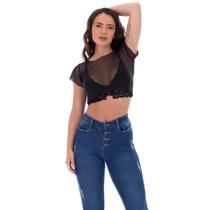 Blusinha Cropped Tule Transparente Fristyle Manga Curta Preto Liso Adulto