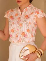 Blusinha Feminina em Crepe Sedinha Gola Alta com Estampa floral e Bicicletinhas