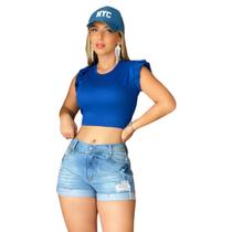 Blusinha Feminina Gola Canoa Sem Manga Azul Tecido Canelado - Selecionados Jeans