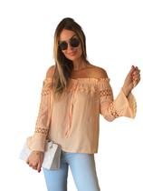 Blusinha Feminino Ciganinha Detalhes Renda Guipir Manga Longa Ombro a Ombro ref 2748