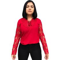 Blusinha manga longa feminina com renda any fashio