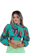 Blusinha Tipo Cropped Feminina Estampada Manga Longa Bufante