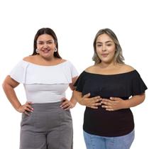 Blusinhas Feminina Plus Size Elegante Canelada Babado Gola Canoa Festa Reveeillon Ano Novo Kit 2 Unidades