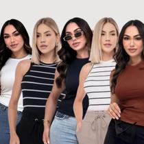 Blusinhas regata feminina americana listradas malha ribana canelada basica uso casual qualidade premium kit com 5
