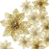 Boao 24 Peças Glitter Poinsettia Árvore de Natal Ornamento Flores de Natal Decor Ornamento, 3/4/6 polegadas (ouro)