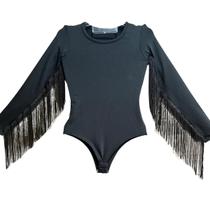 Body Ana Castela Country Infantil Menina Manga Longa c/ Franja Preto