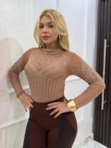 Body ana castella boiadeira manga longa tule transparente com aplique de pedrarias de brilho prata Body ana castella boiadeira manga longa tule transparente com aplique de pedrarias de brilho prata