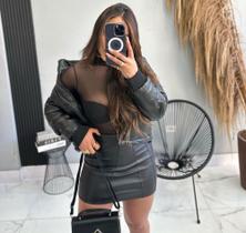 Body Arrastão Tule Transparente Preto Manga Longa