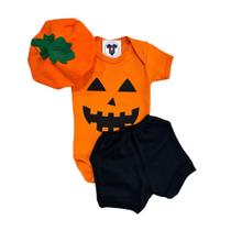 Body Bebe - Abóbora Halloween + Shorts + Boina - Temático Body Bebe - Abóbora Halloween + Shorts + Boina - Temático