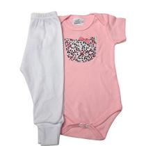 Body Bebe Bordado Mijao Calça Suedine Vira Pé Kit 2 Peças Menina desenho de gato Baby Deluxe