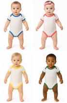 Body Bebê Branco Acabamento Colorido, Malha, ideal para Sublimação e Personalização.