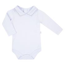 Body Bebê Branco Liso Longo com Gola Bordada em Cinza - Hug Body Bebê Branco Liso Longo com Gola Bordada em Cinza - Hug