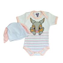 Body bebe coelhinho listrado rosa + touca - temático