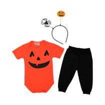 Body Bebê Fantasia Abóbora Halloween + Calça e Antena