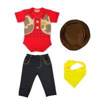Body Bebê Fantasia Cowboy Vaqueiro 100% algodão + Calça Lenço e Chapéu