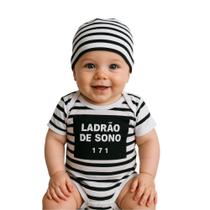 Body Bebe Frases- Ladrão de Sono + Touca- Temático-Mesversário