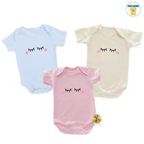 Body Bebe Kit 3 peças Soninho Gostoso Manga Curta Menina Rosa Branco Amarelo Malha Suedine Algodão Alta Qualidade