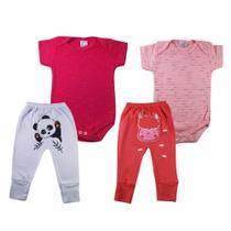 Body Bebe Manga Curta + Mijão Bordado Kit 4 Peças Roupa Menina - Baby Deluxe