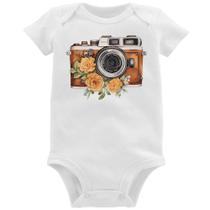 Body Bebê Máquina Fotográfica Vintage e Flores - Foca na Moda