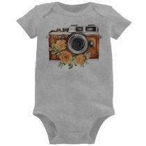 Body Bebê Máquina Fotográfica Vintage e Flores - Foca na Moda