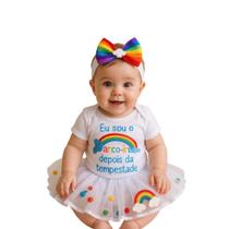 Body Bebe Menina Arco-Iris + Tule + Laço - Temático Mesversário