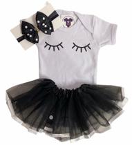 Body Bebe Menina Cilios + Laço + Saia de Tule - Temático Mesversário