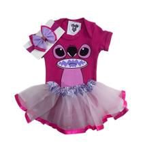 Body Bebe Menina DESENHO ROSA + Laço + Saia Tule - Temático Mesversário