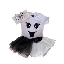 Body Bebe Menina - Fantasminha + Tutu + Laço - Halloween - Temático