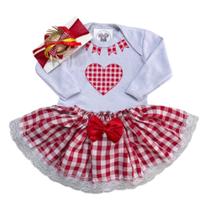 Body Bebe Menina- Festa Junina Longa LUXO + Laço + Saia Tutu - Temático