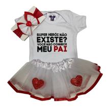 Body Bebe Menina-Frases- SUPER HERÓI PAI+ Laço + Saia Tule - Temático Mesversário