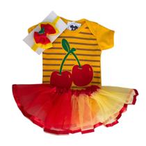 Body Bebe Menina Fruta - Cereja + Laço + Tutu- Mesversário Temático