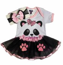 Body Bebe Menina Panda Rosa + Laço + Saia Tutu - Temático