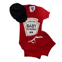 Body Bebe Menino-Frases- MELHOR BABY DO MUNDO+SHORTS+BOINA - Temático Mesversário