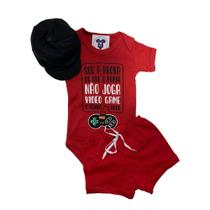 Body Bebe Menino-Frases-VIDEO GAME +SHORTS+BOINA - Temático Mesversário