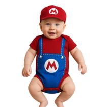 Body Bebe Menino Super Mario + Boina - Temático Mesversário Body Bebe Menino Super Mario + Boina - Temático Mesversário