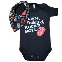 Body bebê Preto Rock, Leite e fralda + babador bandana bandas de rock 100% algodão - Family Rock