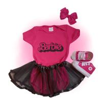 Body Bebê Temático Barbie Kit Saia Tule +Tênis E Laço