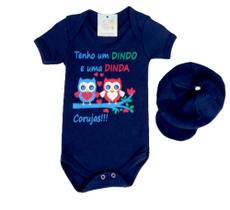 Body Bebe Temático Com Boina- Estampa Tenho um Dindo e uma Dinda Coruja