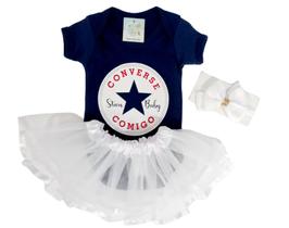 Body Bebe Temático Com Saia e Laço - Estampa Converse Comigo (Azul)