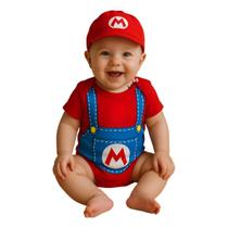 Body Bebê Tématico Super Mario + Boina Mêsversario Fantasia Menino Body Bebê Tématico Super Mario + Boina Mêsversario Fantasia Menino