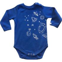 Body bebê unissex astronauta manga longa suedine azul