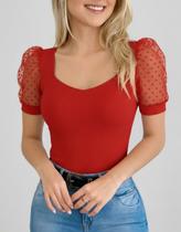 Body Blusa Blusinha Manga Curta Tule Bolinha Feminino Decote Body Blusa Blusinha Manga Curta Tule Bolinha Feminino Decote