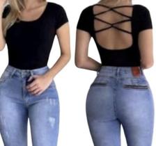 body blusa canelada manga curta tira transpassada nas costas feminino tendência